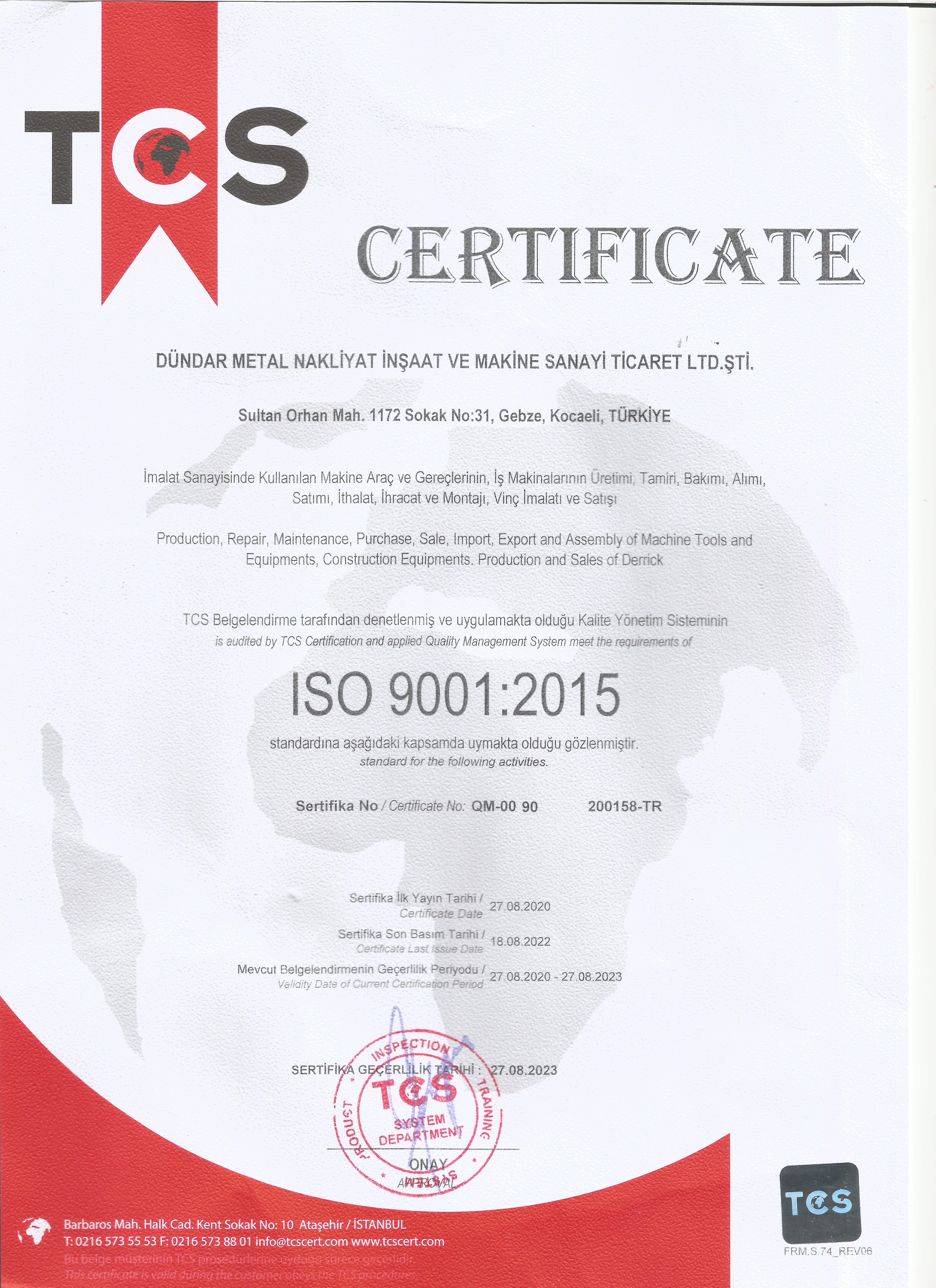 ISO 9001 Kalite Belgesi